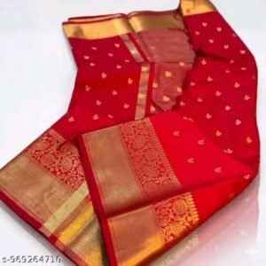 Red Banarasi Cotton Saree with Golden Zari | Sameer Textile