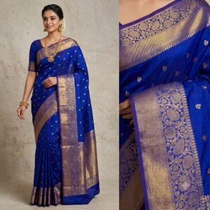 Royal Blue Banarasi Saree with Golden Zari Border | Sameer Textile