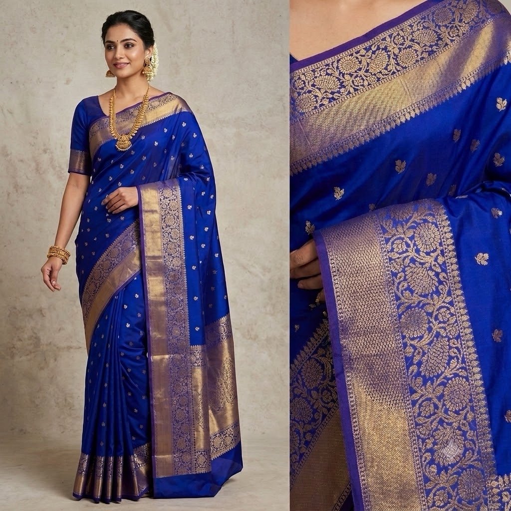 Royal Blue Banarasi Saree with Golden Zari Border | Sameer Textile