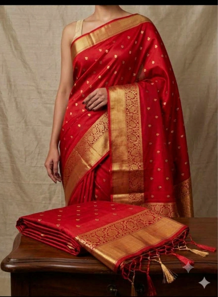 Red Banarasi Cotton Saree with Golden Zari | Sameer Textile - Image 2